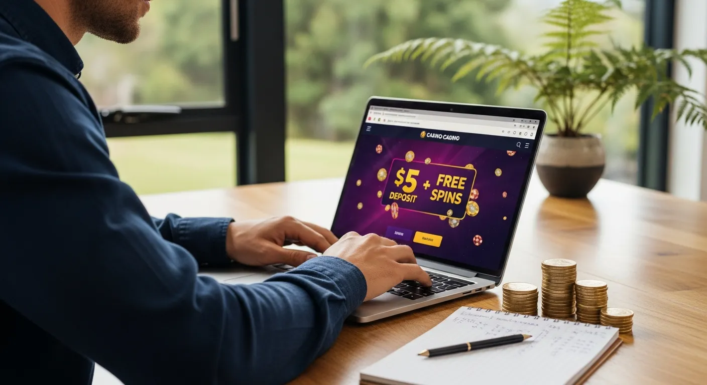 A man analyzing a low deposit casino offer on his laptop with New Zealand coins nearby.