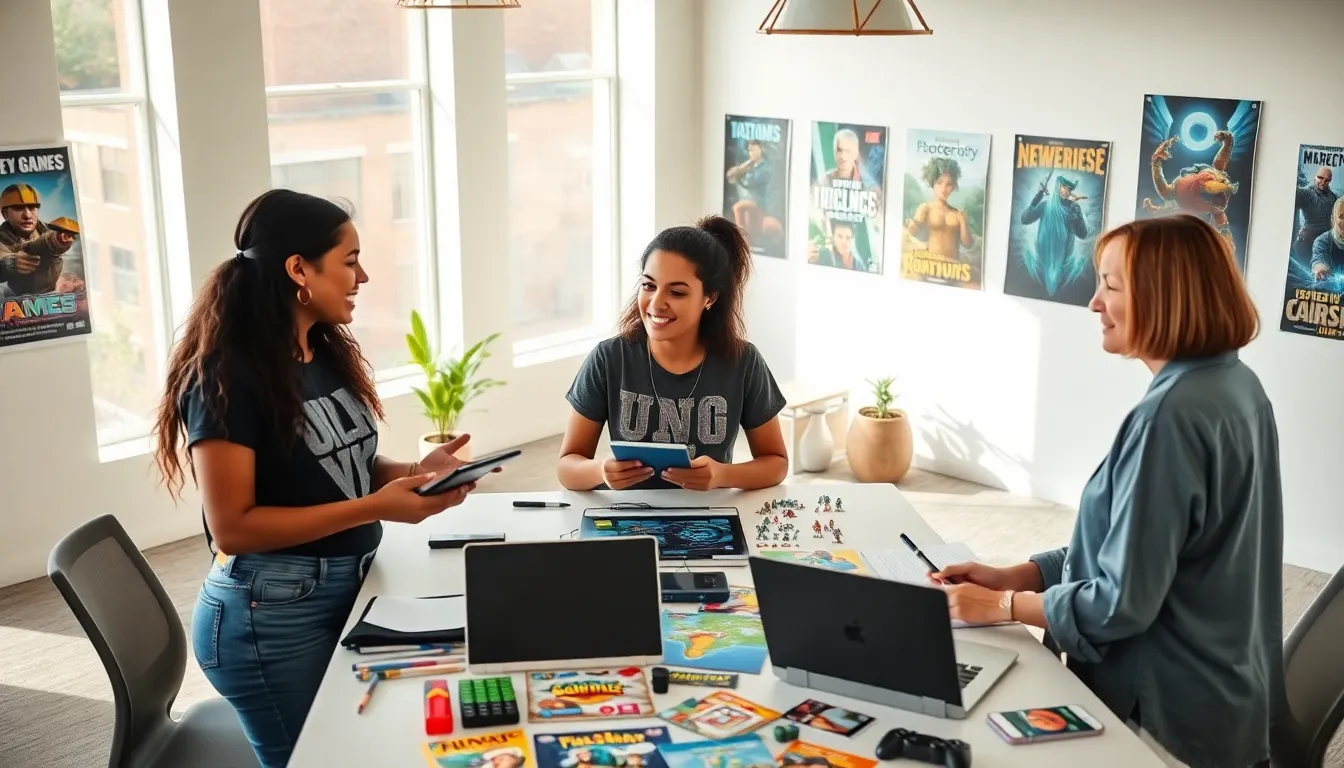 a diverse team of game developers brainstorming in a bright office.