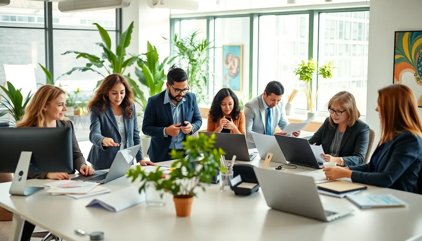 diverse team of professionals collaborating in a bright modern office.