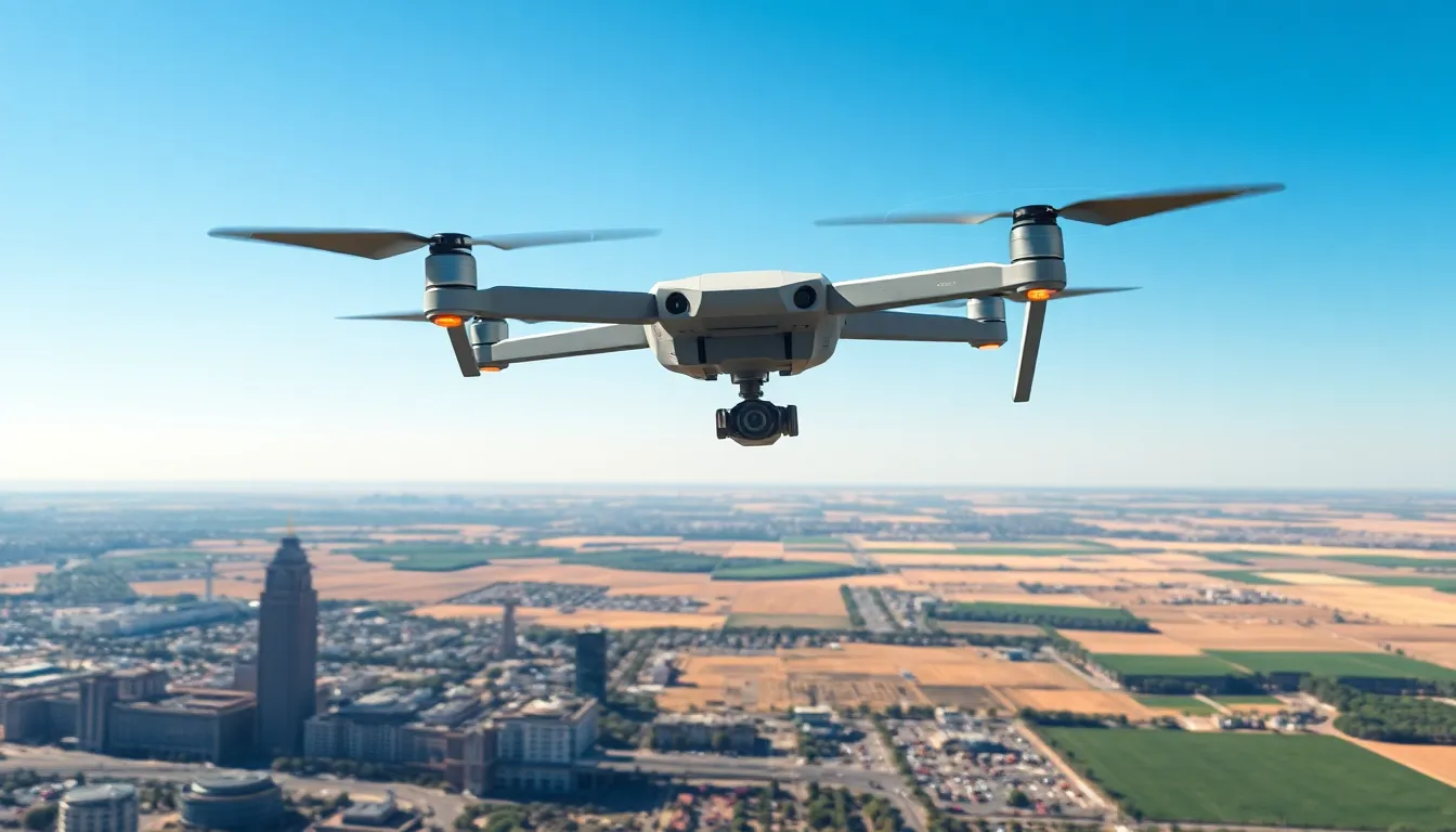 long distance drone flying over diverse American landscape.