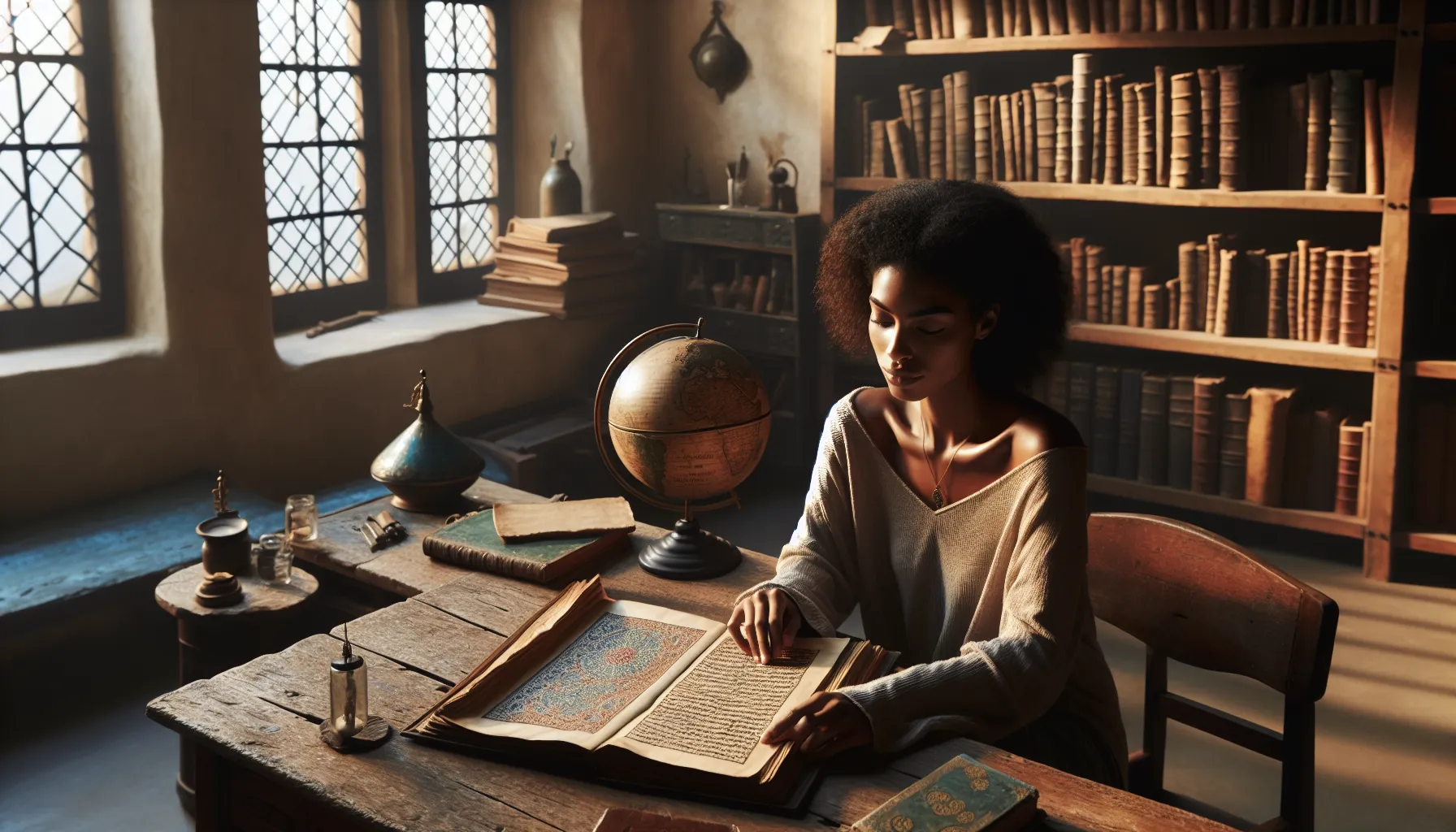 a young woman studying historical texts in a cozy, sunlit room.