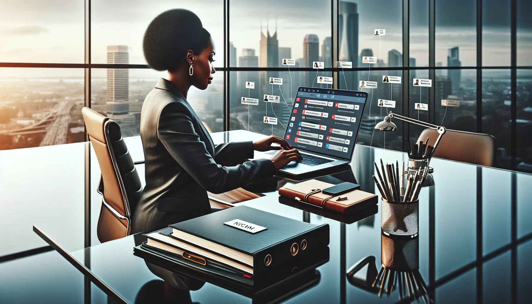 professional managing contacts on a laptop in a modern office.