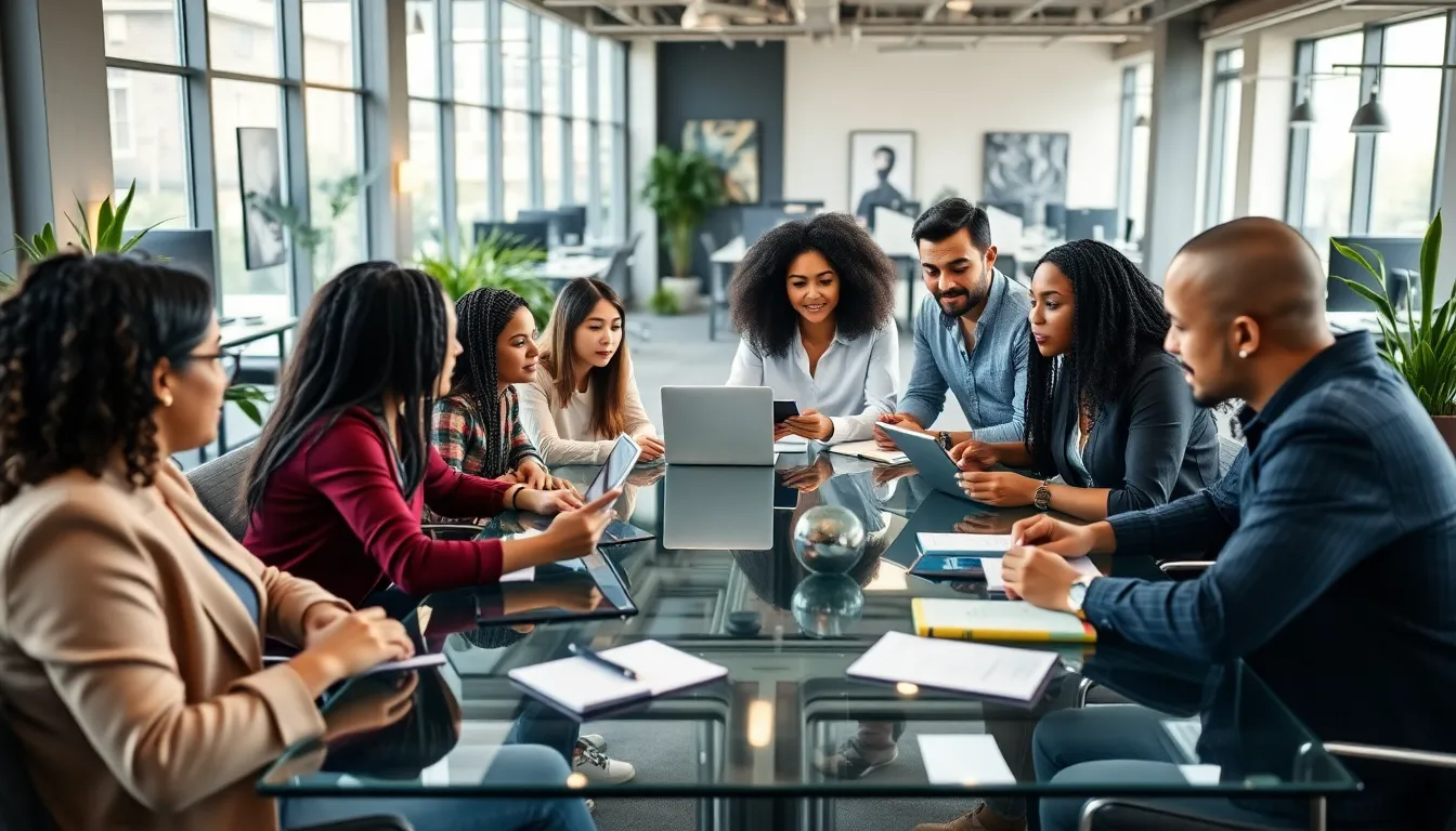 diverse professionals collaborating in a modern co-working space.