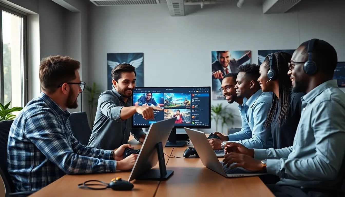 diverse team collaborating on gaming strategies in a modern workspace.