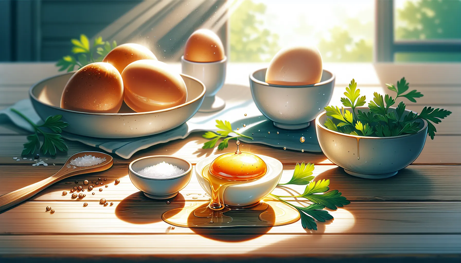 A boiled egg and a fried egg on a wooden table in a sunny kitchen.