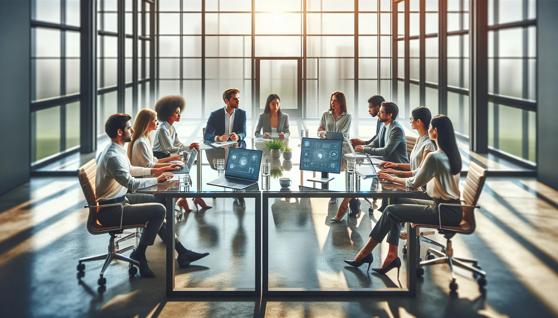 diverse team collaborating around digital software in a modern office setting.