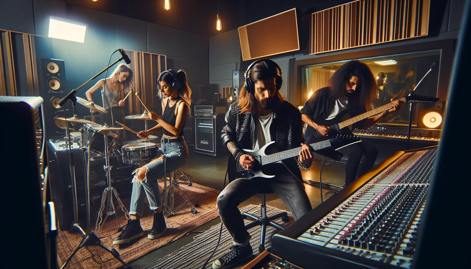 diverse musicians collaborating in a contemporary recording studio.