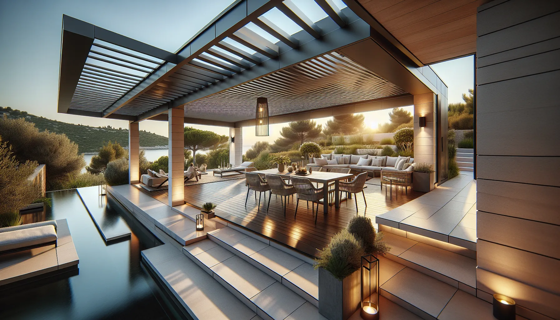 Modern covered terrace with outdoor furniture under protective awning