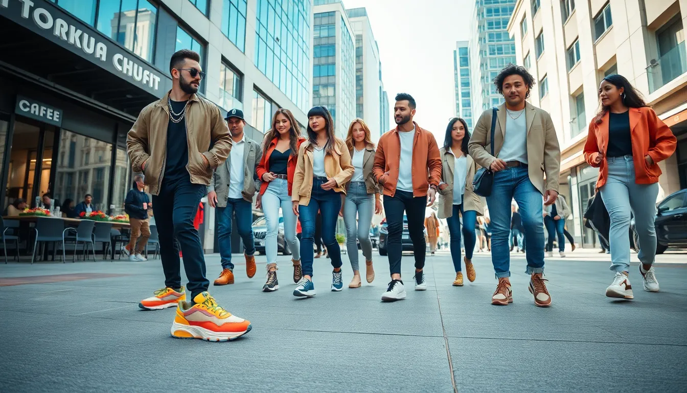 diverse group showcasing current sneaker trends in an urban setting.