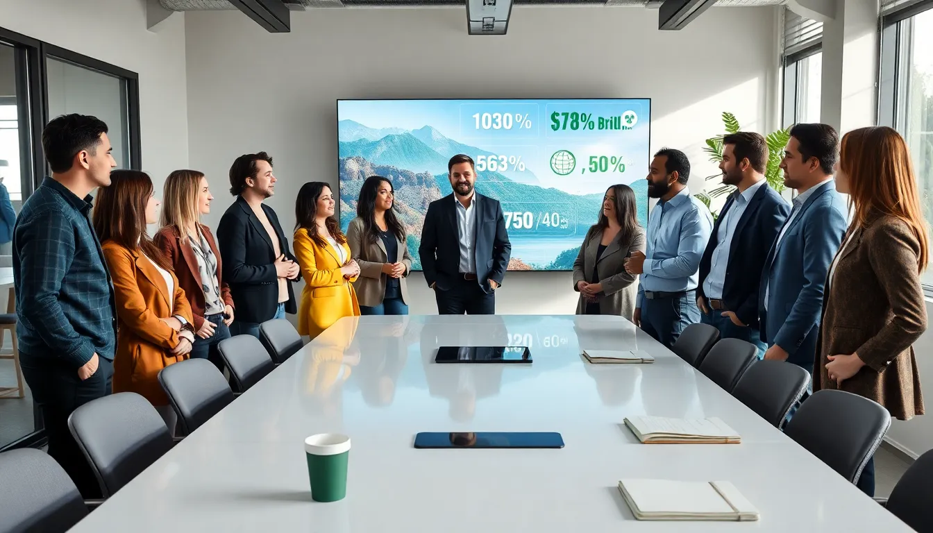 diverse professionals discussing environmental initiatives in a modern office.