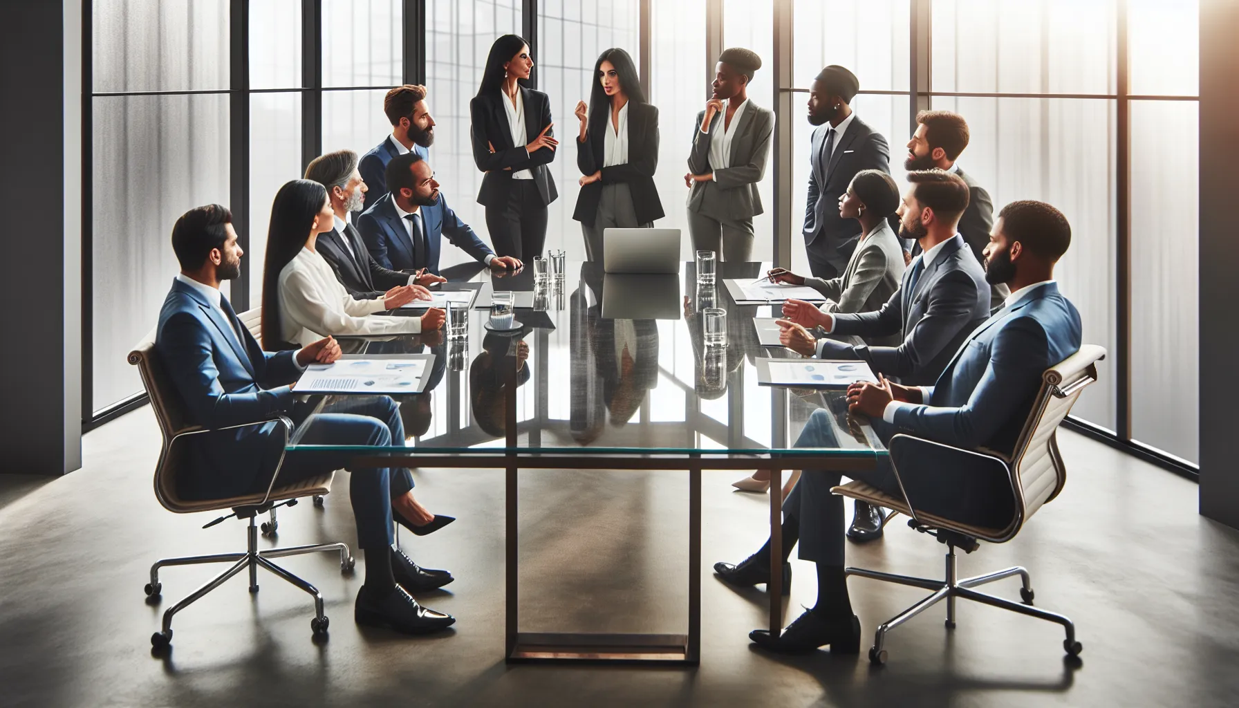 diverse professionals discussing investor relationships in a modern office.