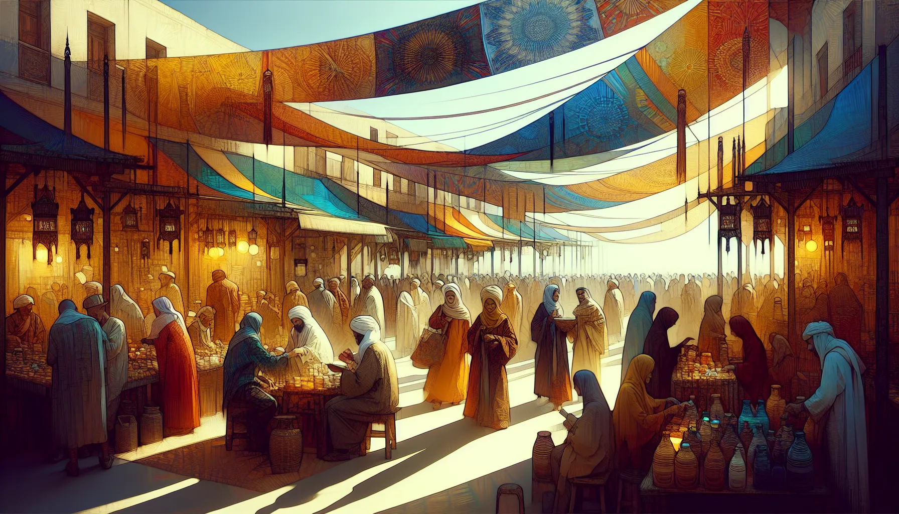 bustling ancient marketplace with diverse traders sharing stories.