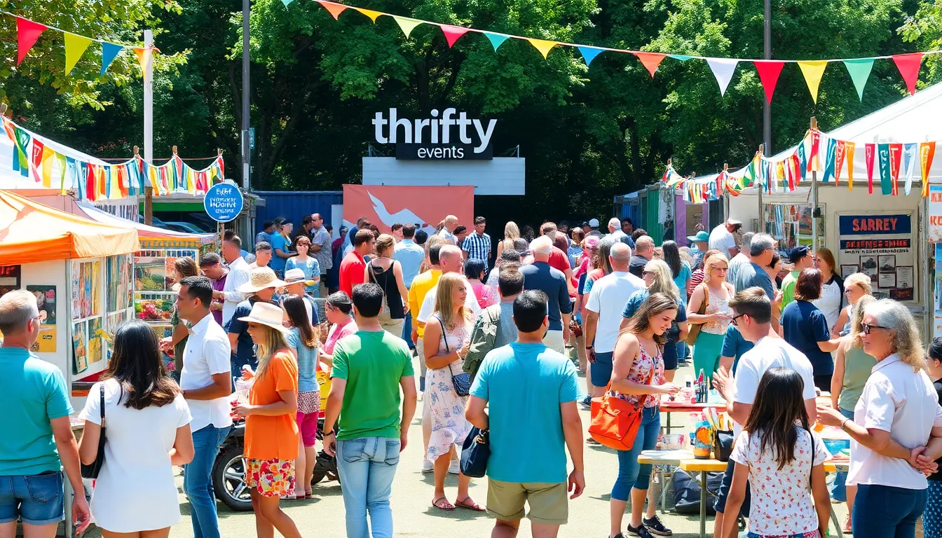 community fair with diverse attendees enjoying budget-friendly activities.