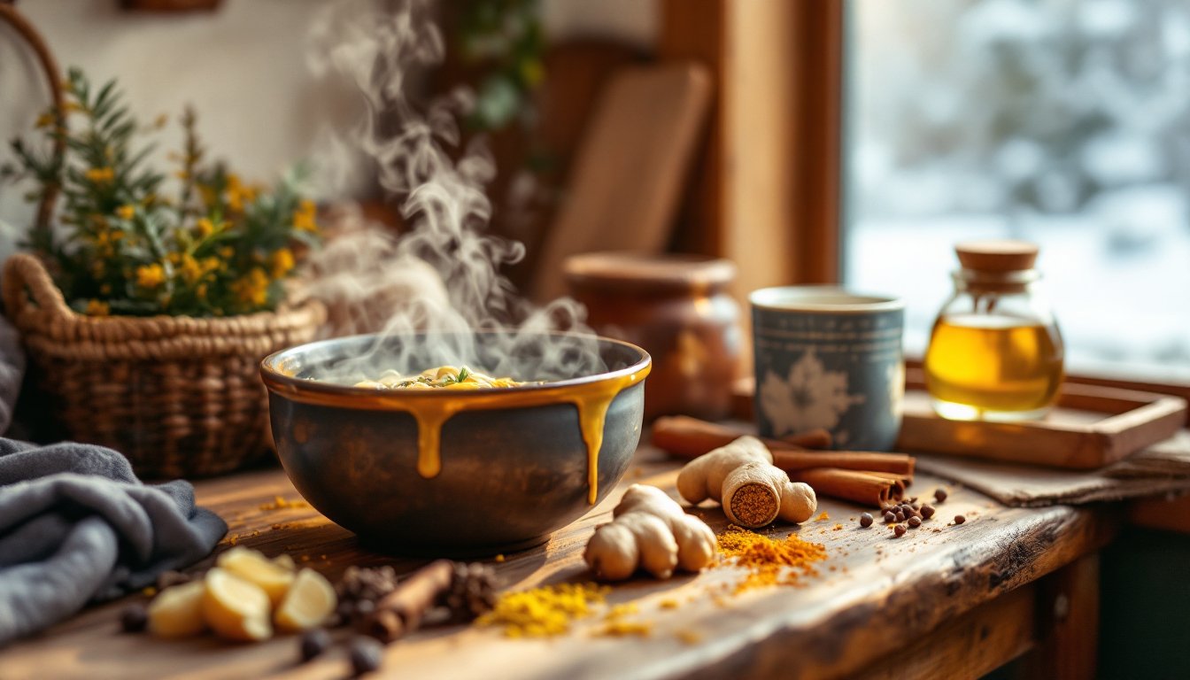 Steaming bowl of kitchari with warming spices and ginger water on a kitchen counter.