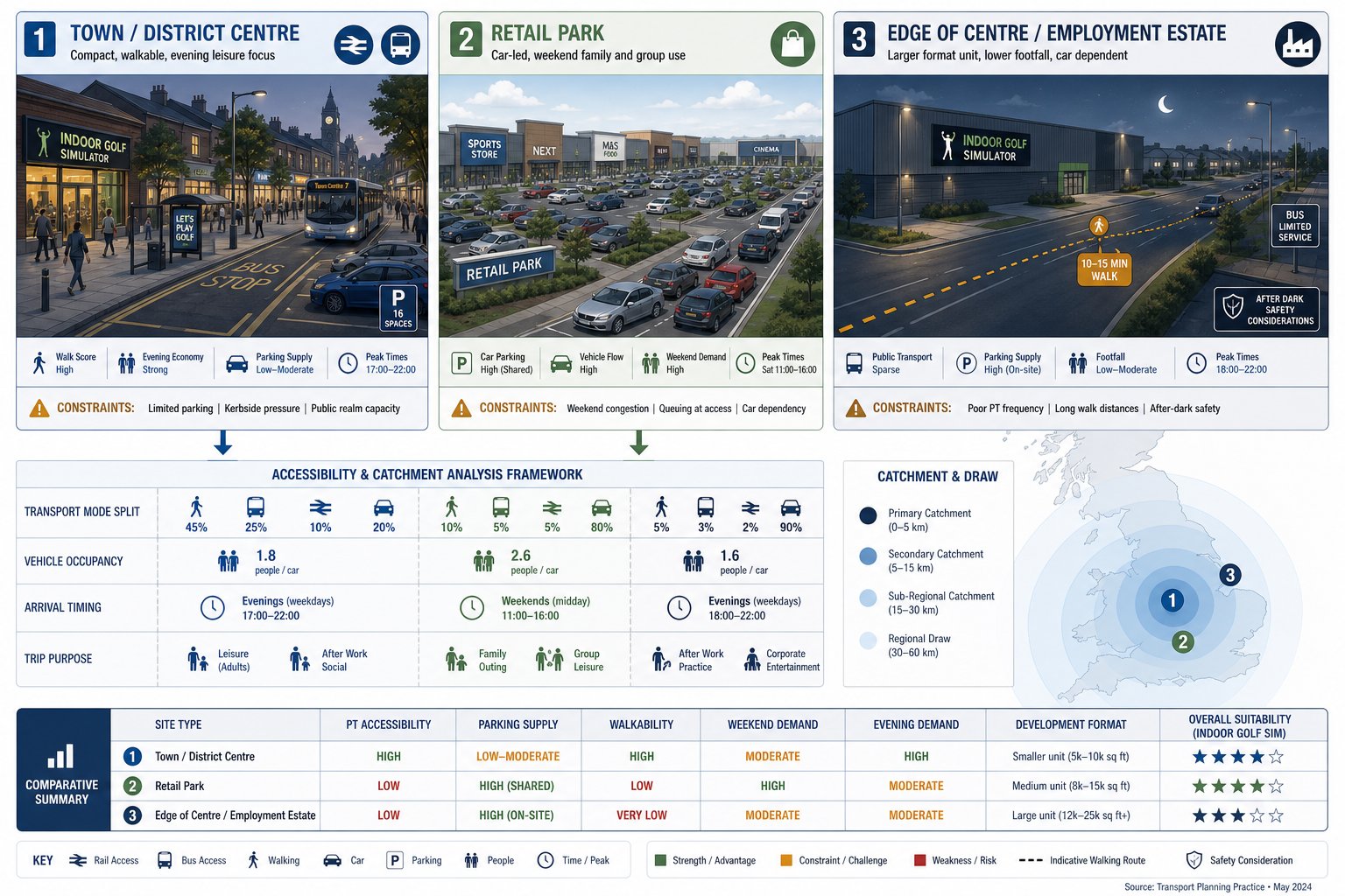 Comparison of UK indoor golf venue locations, access, parking, and catchment.