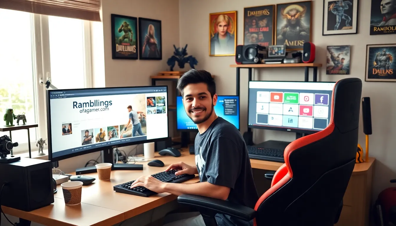 A gamer in a colorful home office reaching out through a computer.
