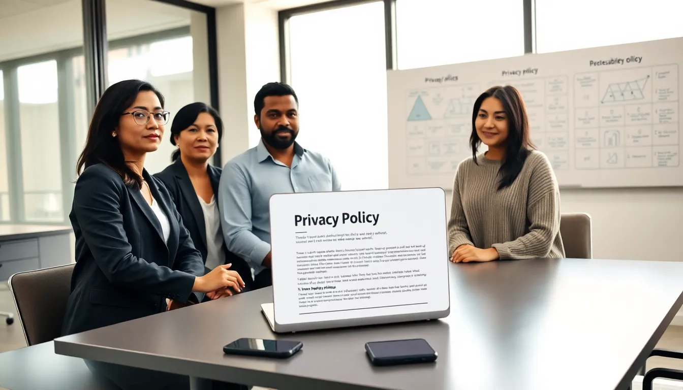 A diverse team discussing privacy policies in a modern office.