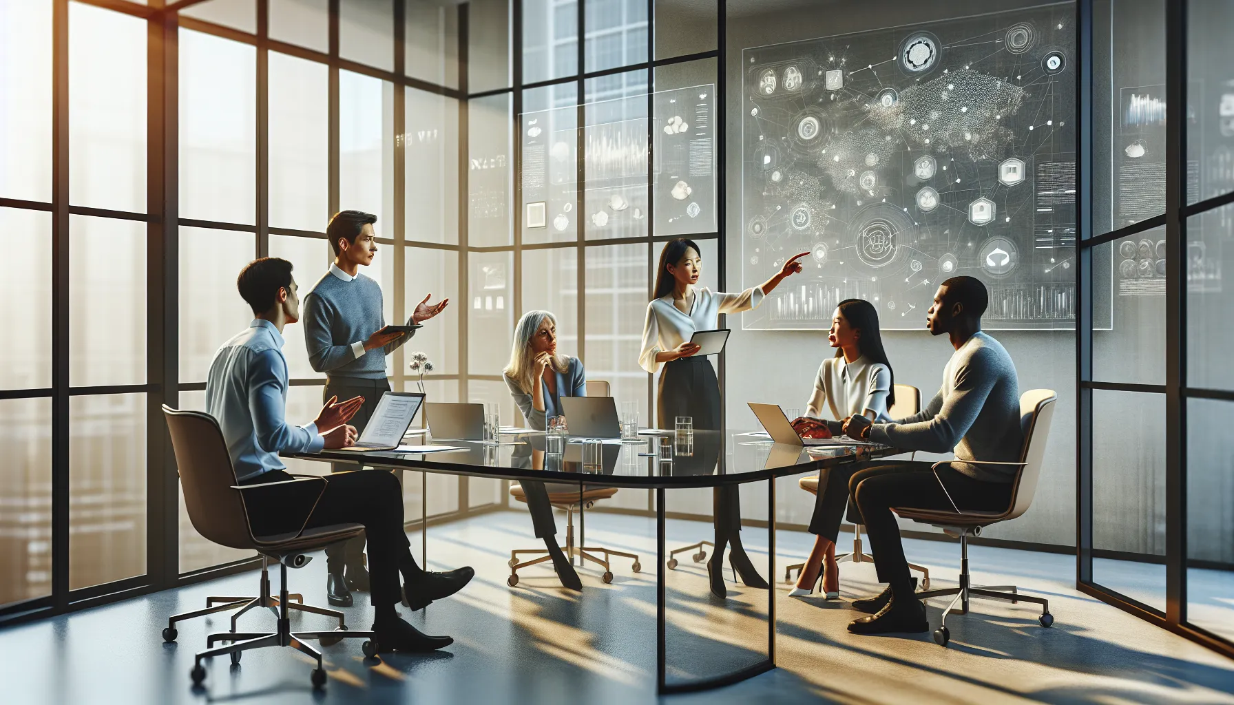 diverse team in a modern office discussing complex concepts.