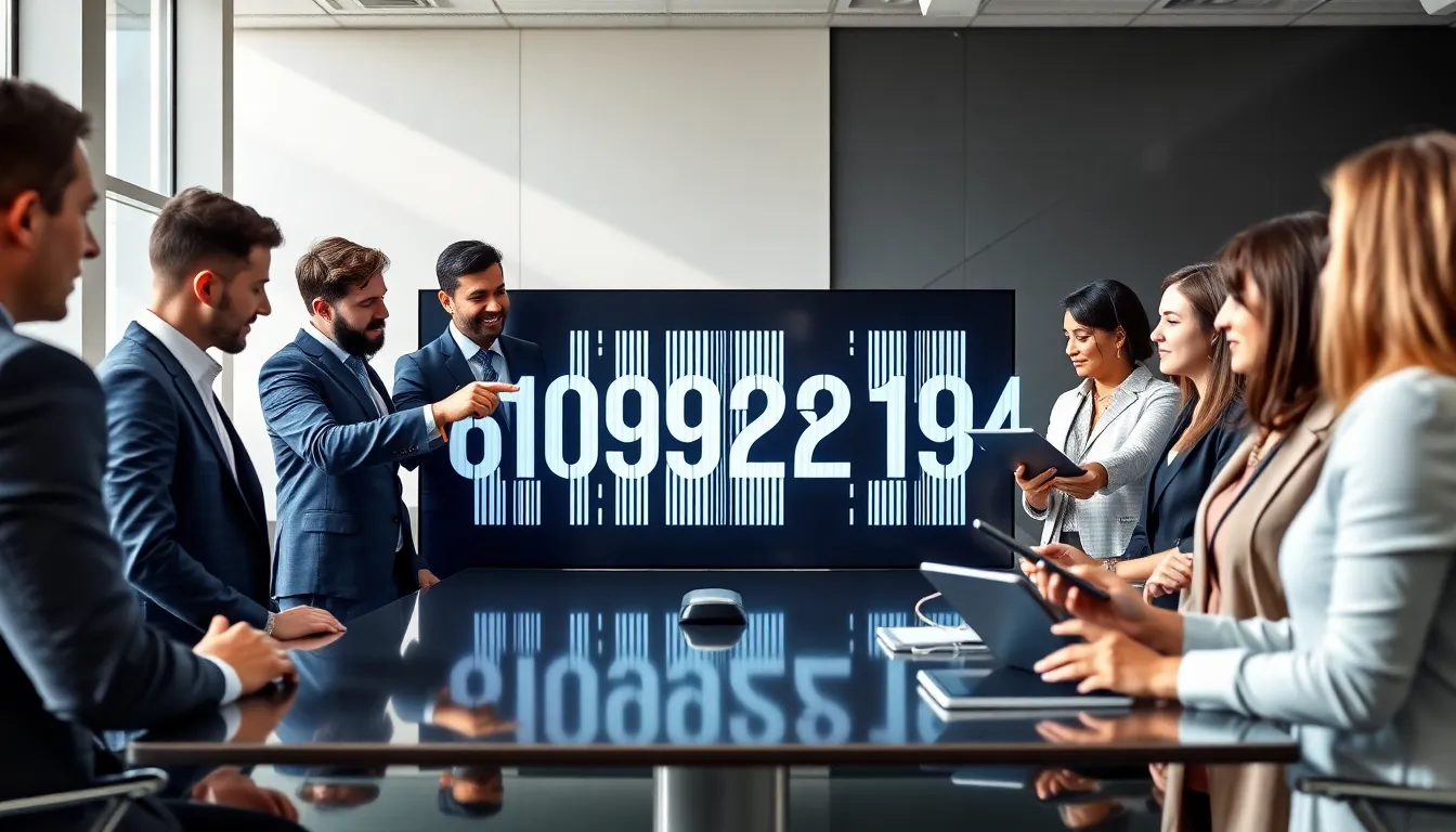 professionals discussing a barcode represented as 6109828194 in a modern office.