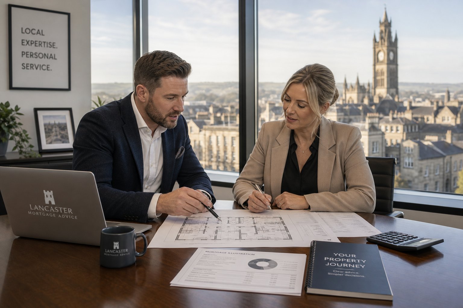 Business owner and adviser reviewing property plans and finance documents in a bright modern office.