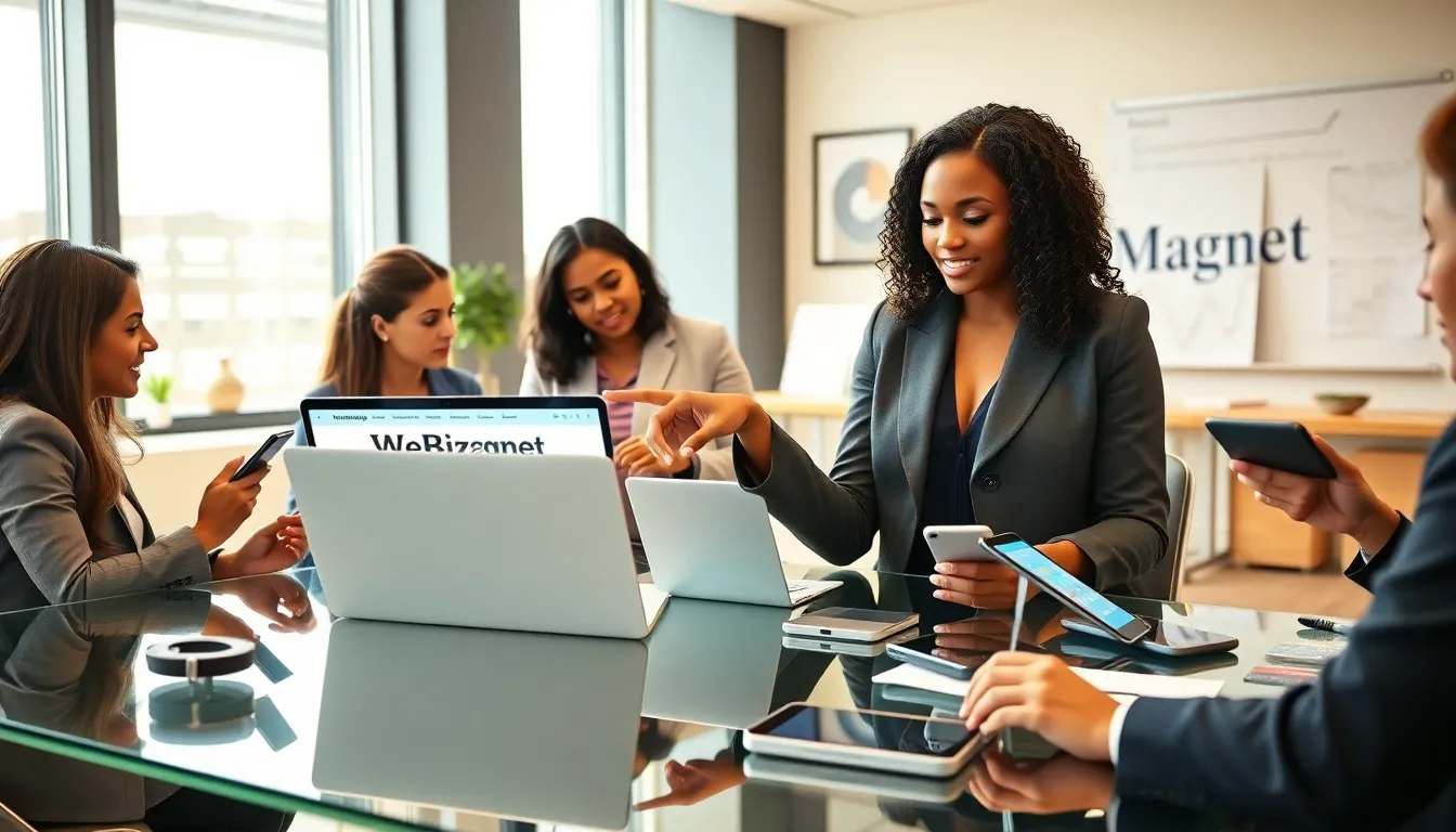 diverse team collaborating over digital marketing strategies in a modern office.