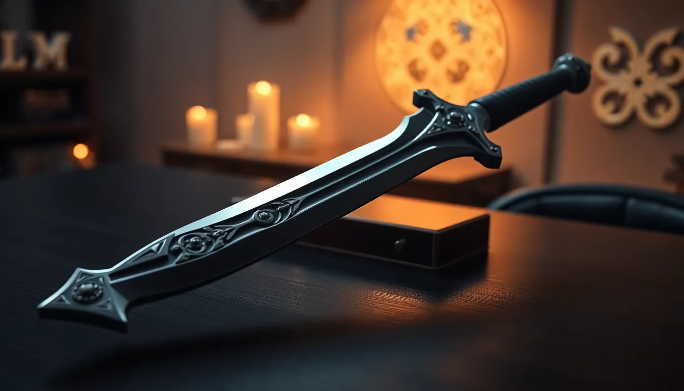 Close-up of an intricately designed Haelynblade on a dark table.