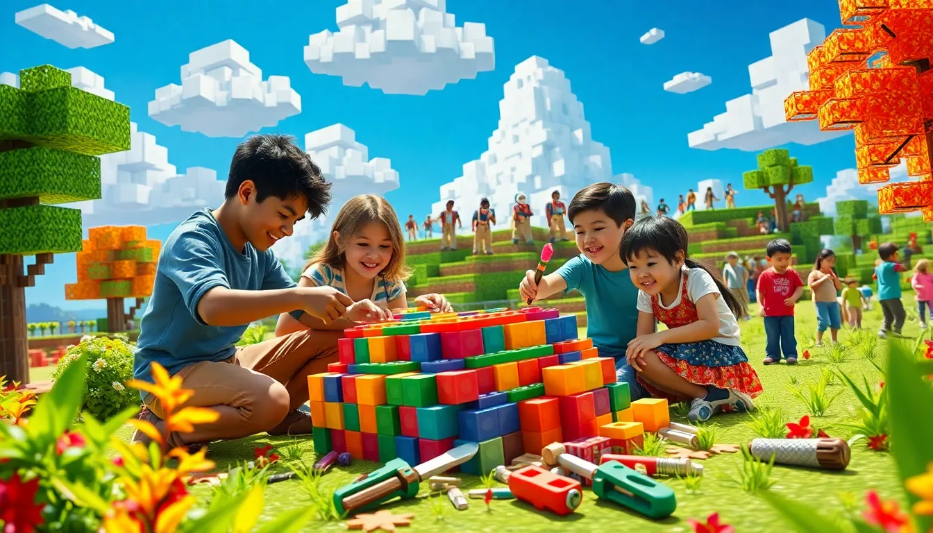 players building in a vibrant Minecraft landscape full of creativity.