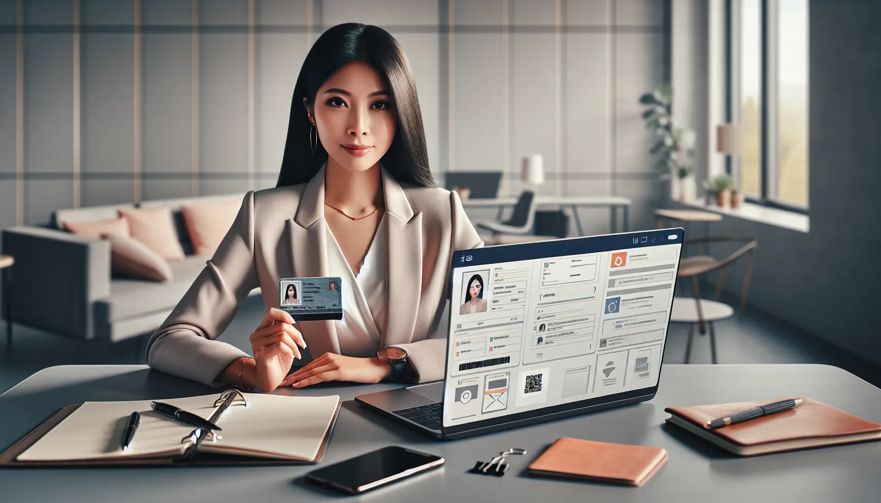 Professional completing identity verification with ID card and laptop in modern workspace.