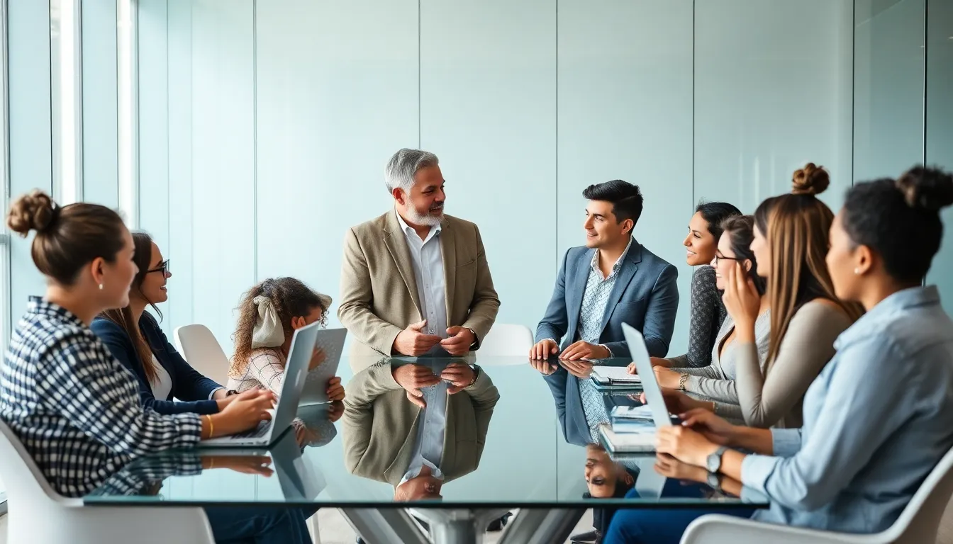 diverse professionals engaged in a leadership mentoring session in an office.