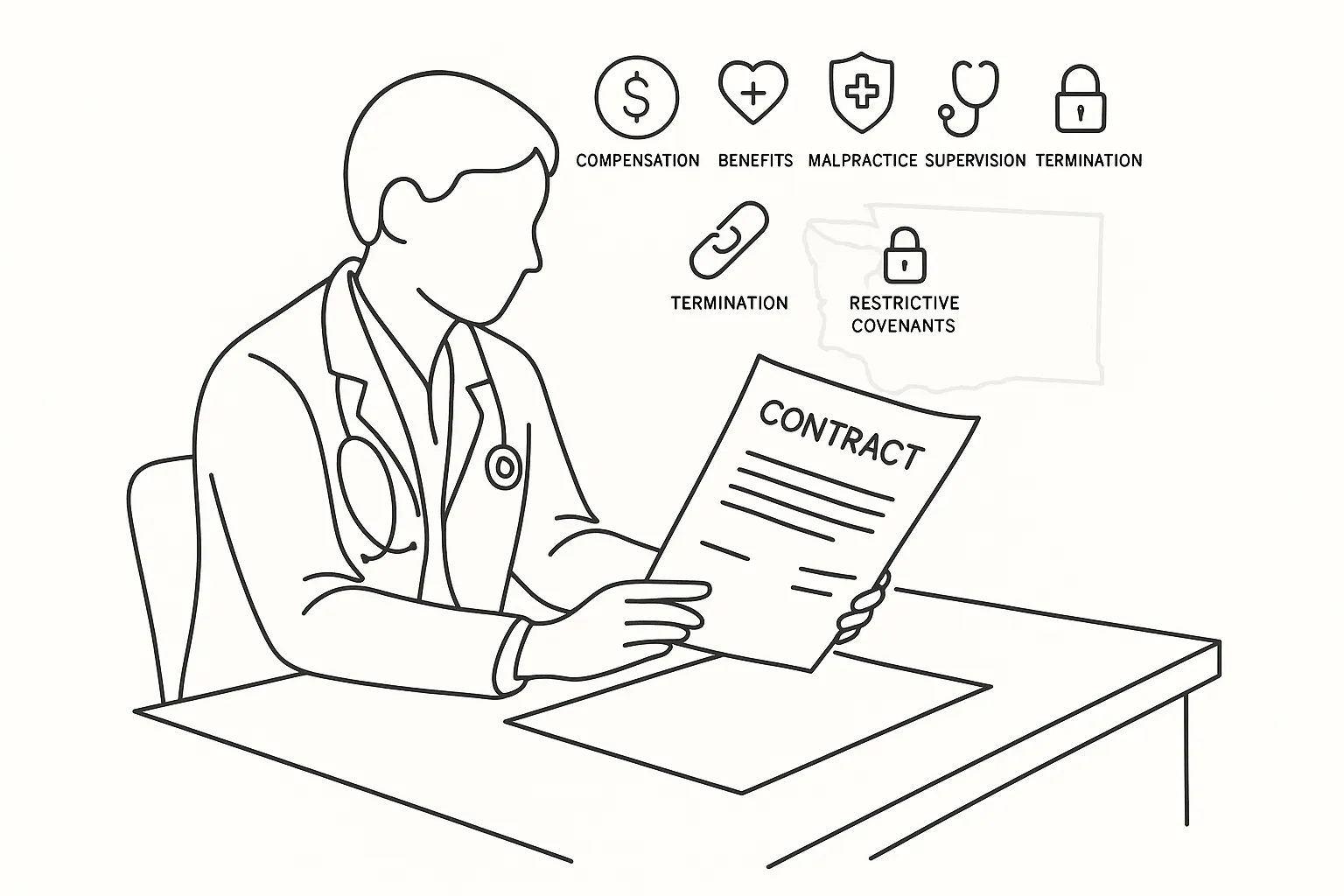 Physician assistant reviewing a contract with icons for six key contract elements.
