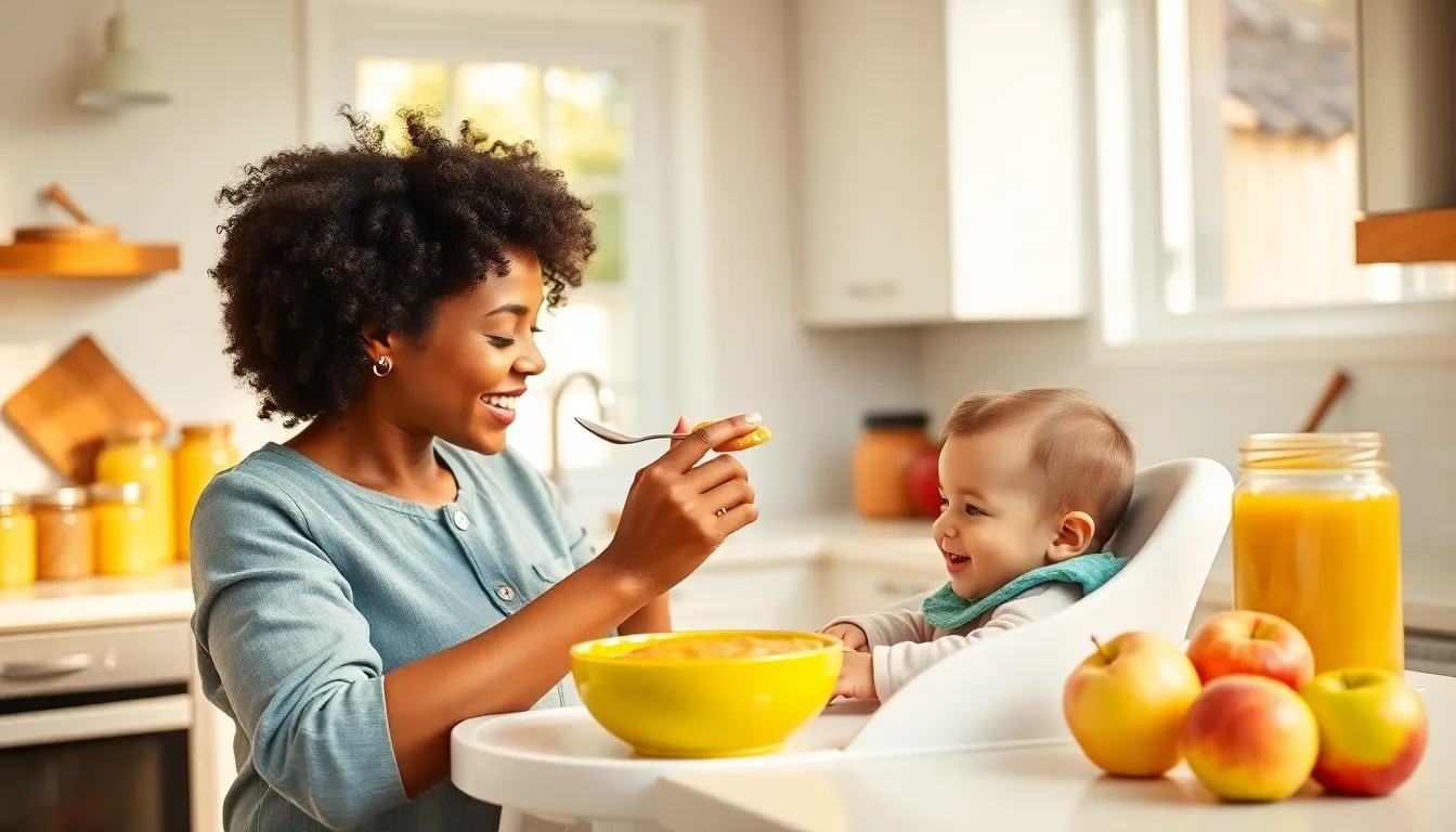 caregiver feeding a baby applesauce in a bright kitchen.