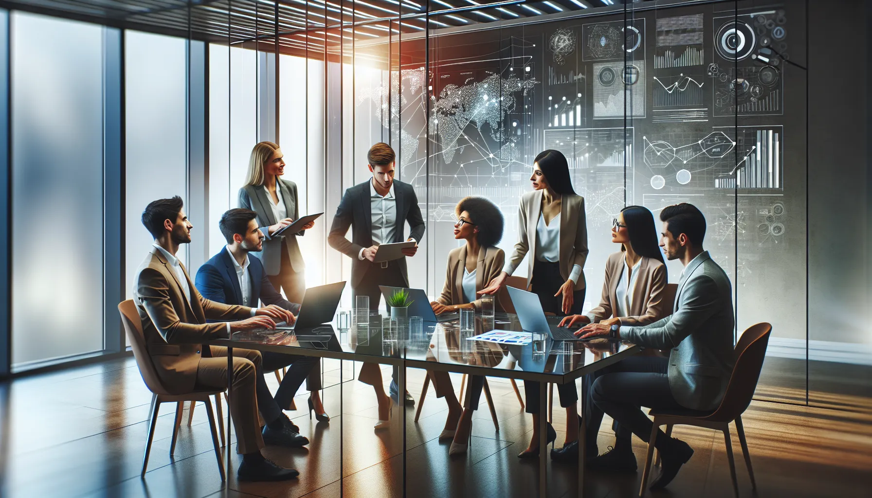 diverse team collaborating on digital solutions in a modern office.