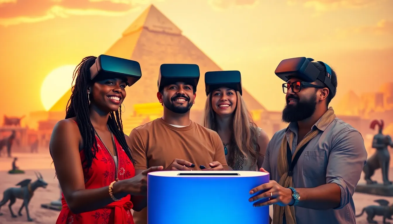 Gamers exploring a virtual Ancient Egypt in a modern gaming setup.