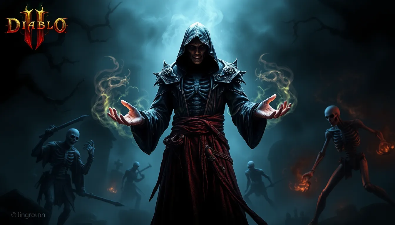 Necromancer casting spells with skeletons in a dark fantasy setting.