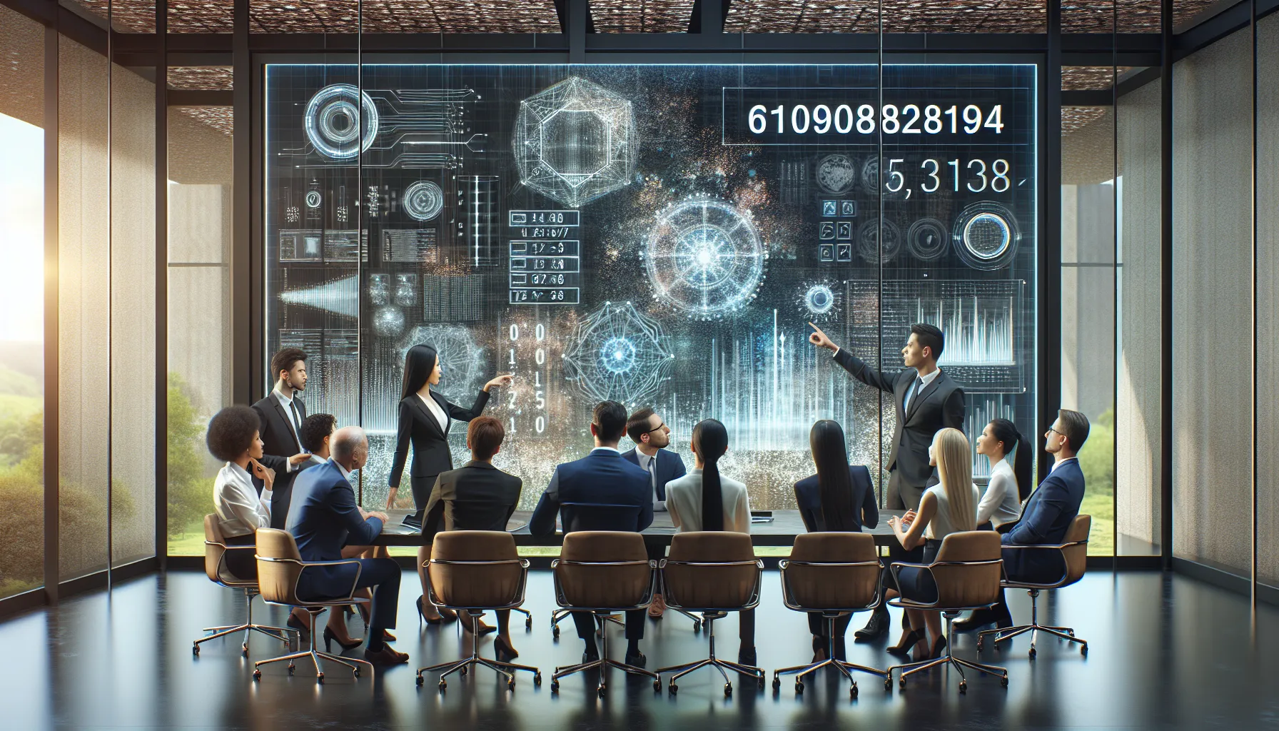 diverse team discussing data applications in a modern office.