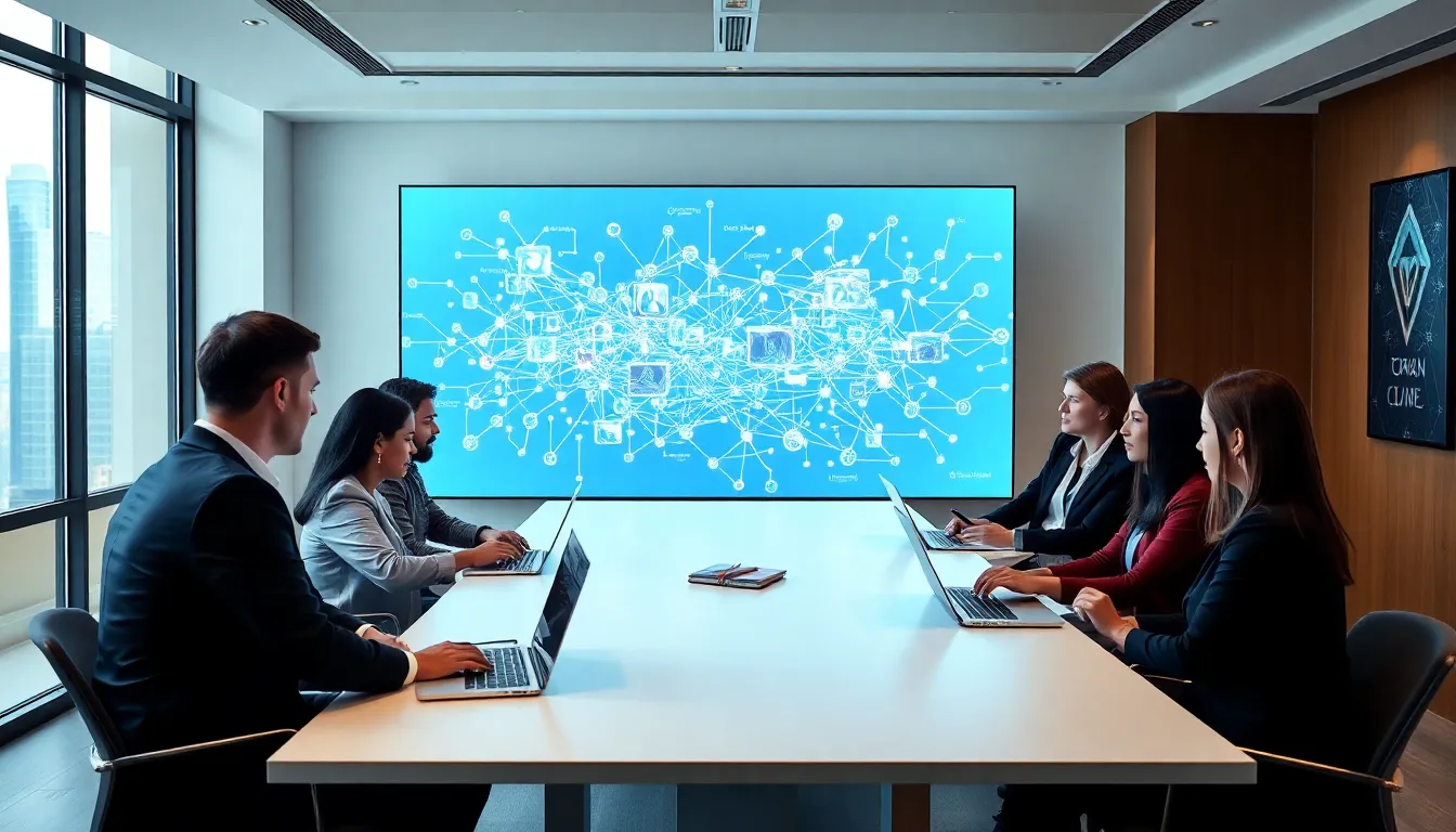 diverse team discussing blockchain technology in a modern office