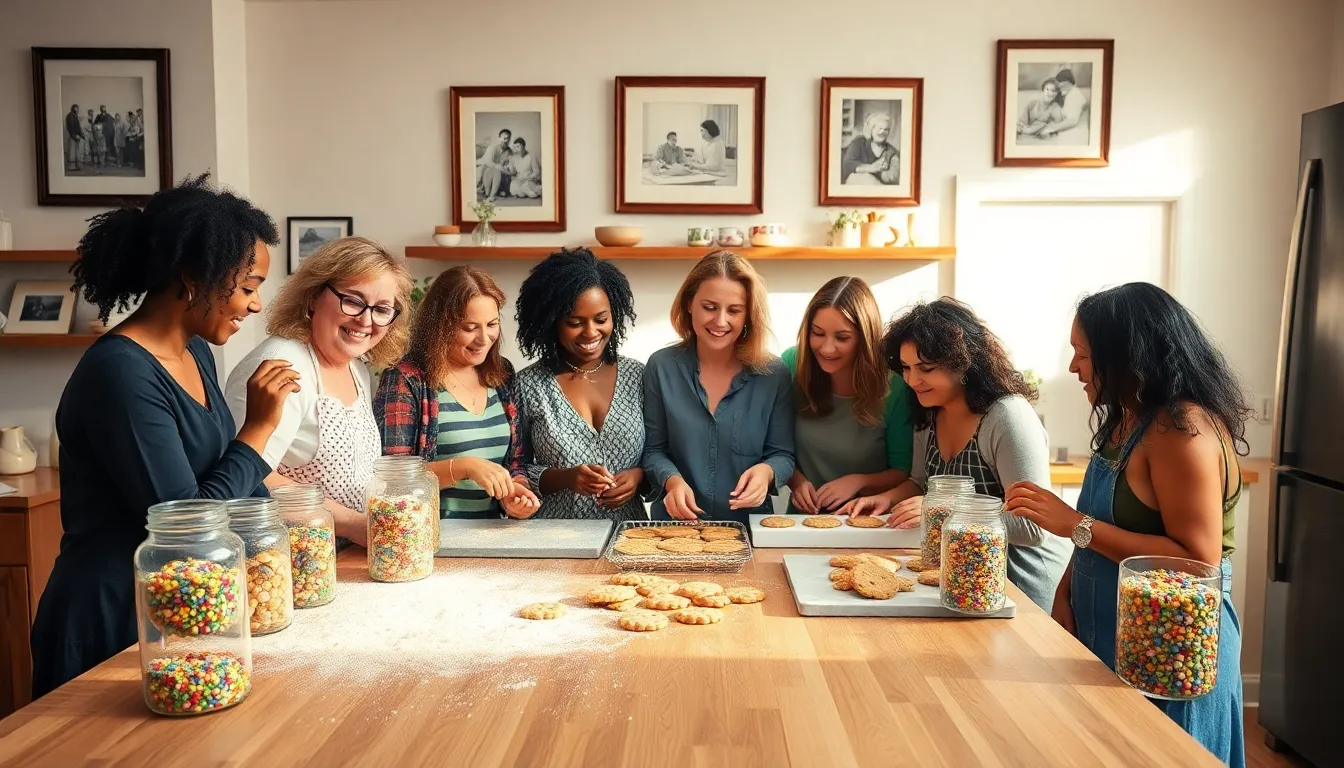 a diverse group baking cookies in a warm kitchen setting.