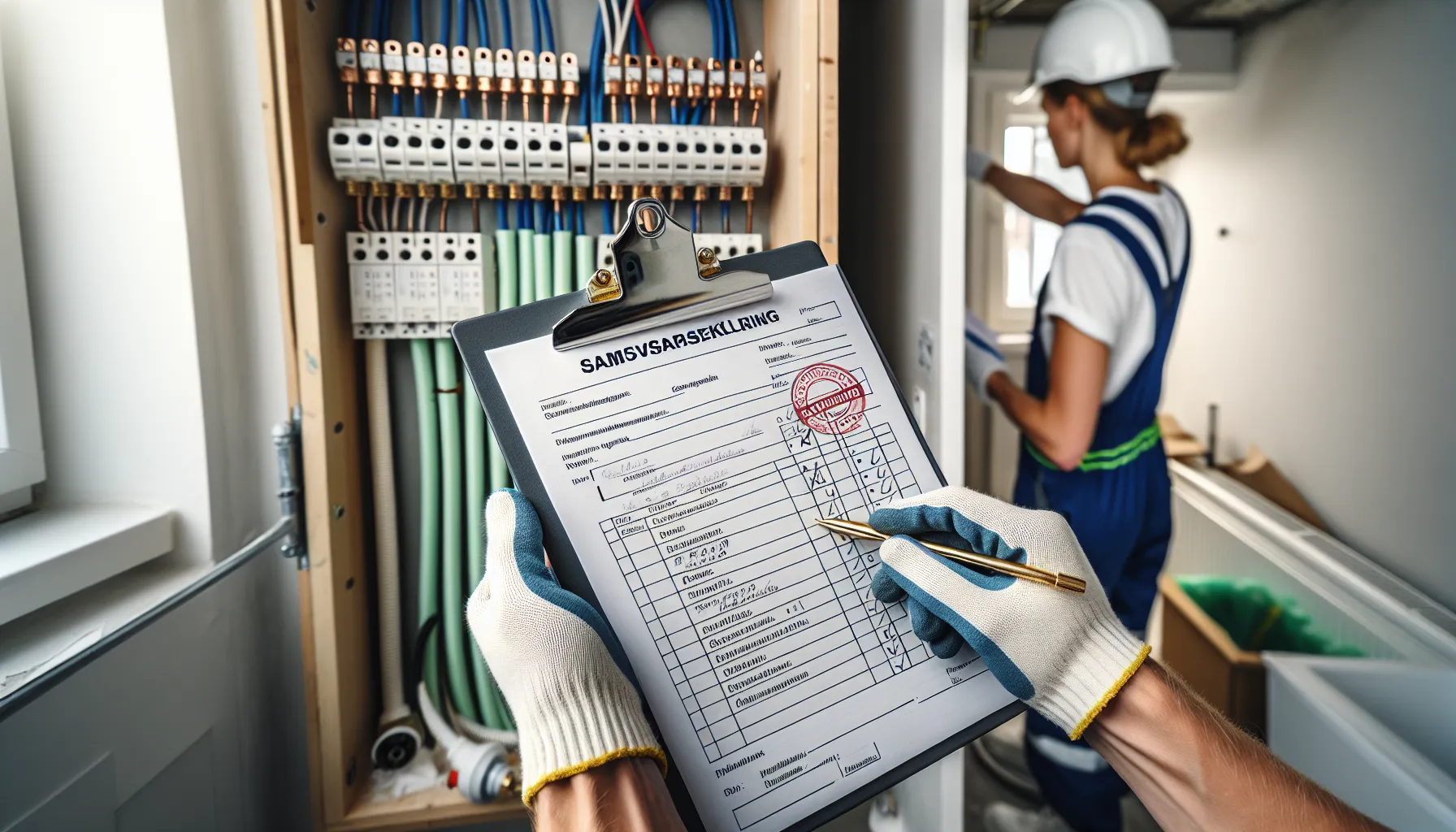 Compliance documents with plumber, electrician, and carpenter working in a norwegian renovation.