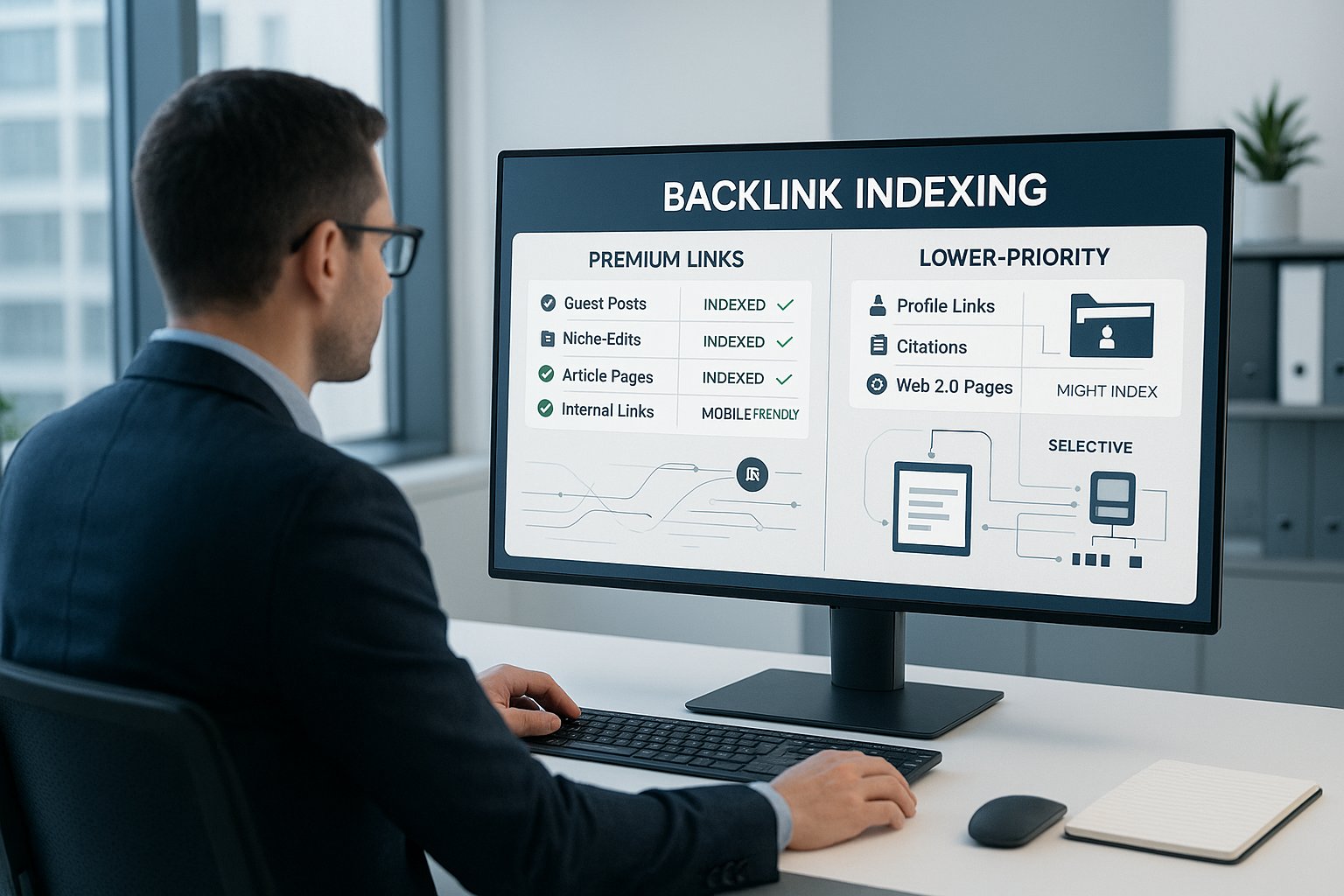 SEO professional reviewing link indexing strategy on a dashboard.