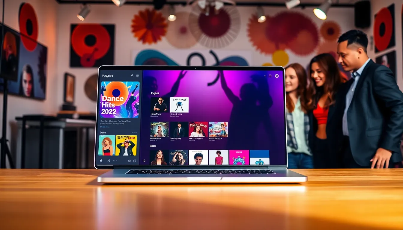 diverse group selecting songs on a laptop in a creative workspace.