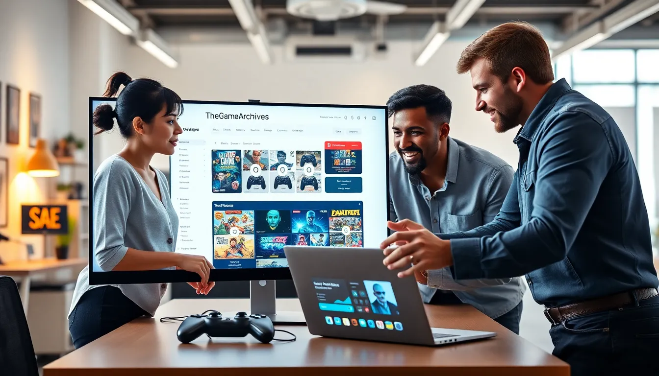 diverse team discussing TheGameArchives in a modern office.