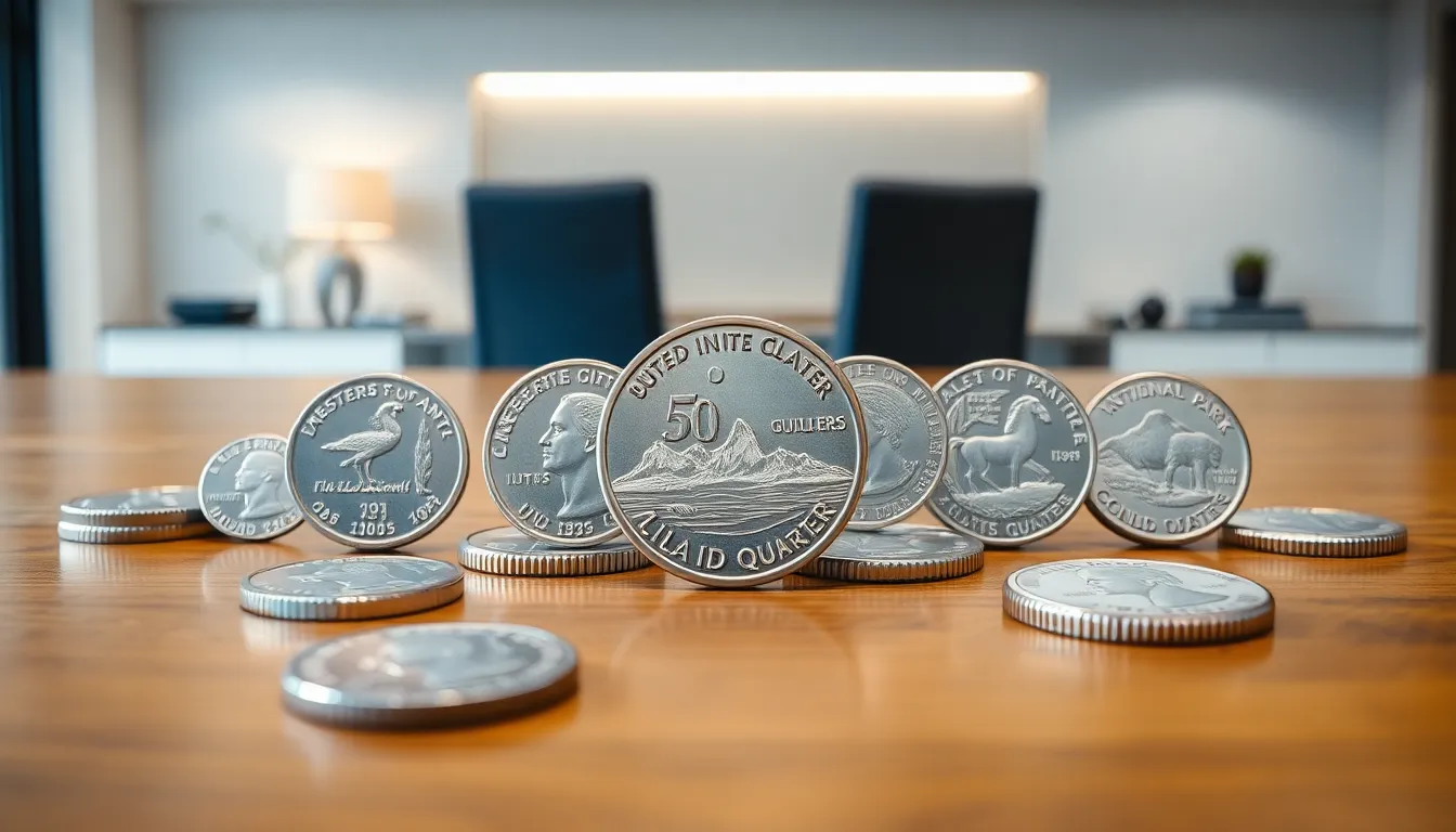 collection of modern U.S. quarters on a sleek table.