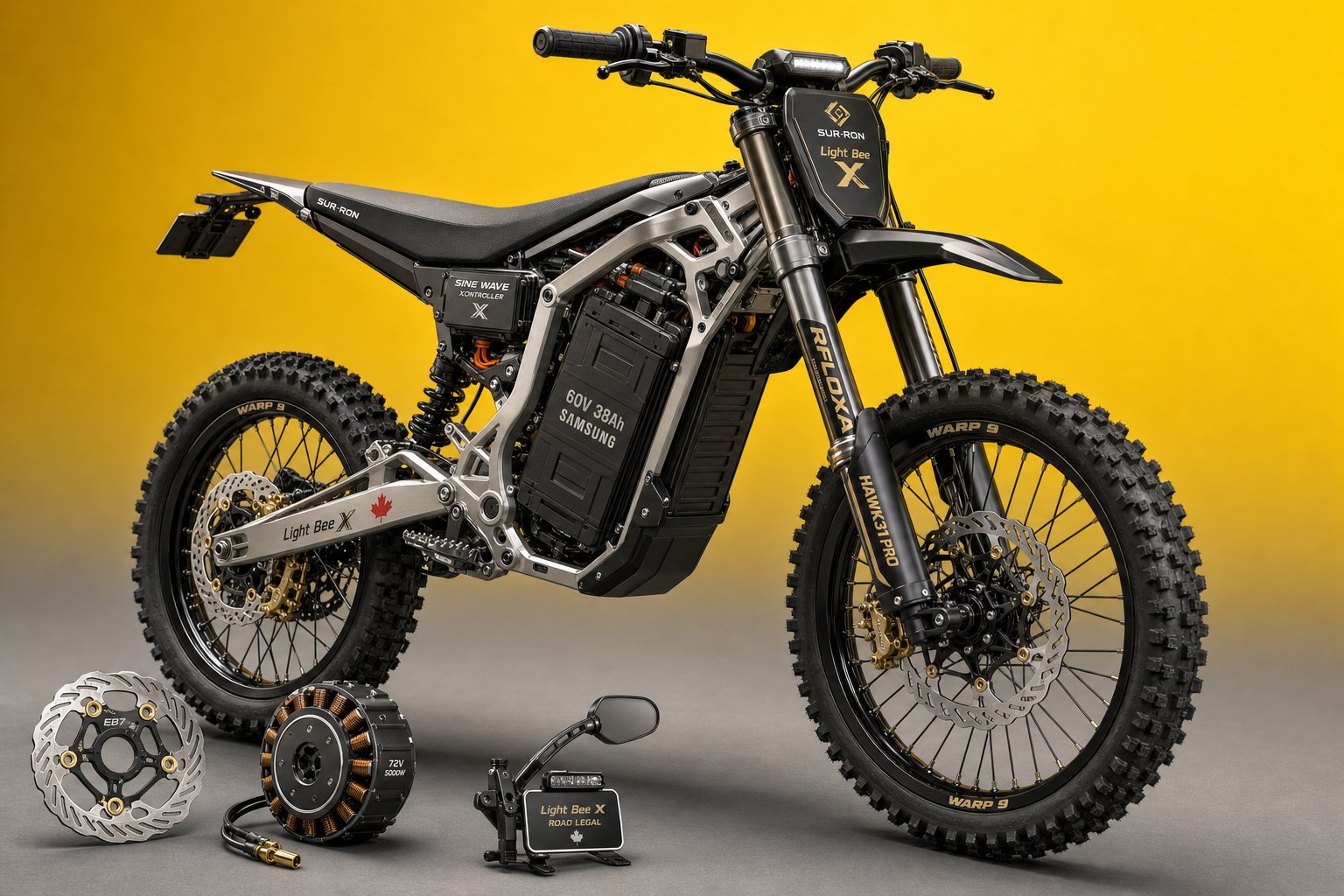 3D render of a Surron Light Bee X e‑bike with upgrade parts on yellow background.