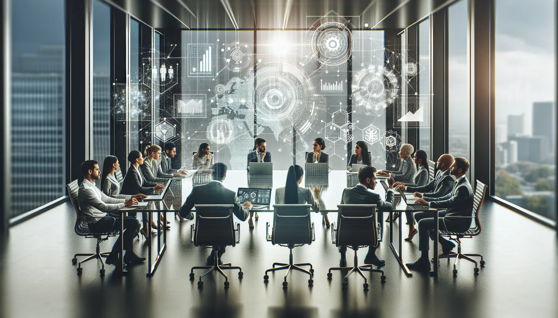 diverse team brainstorming innovative tech concepts in a modern office.