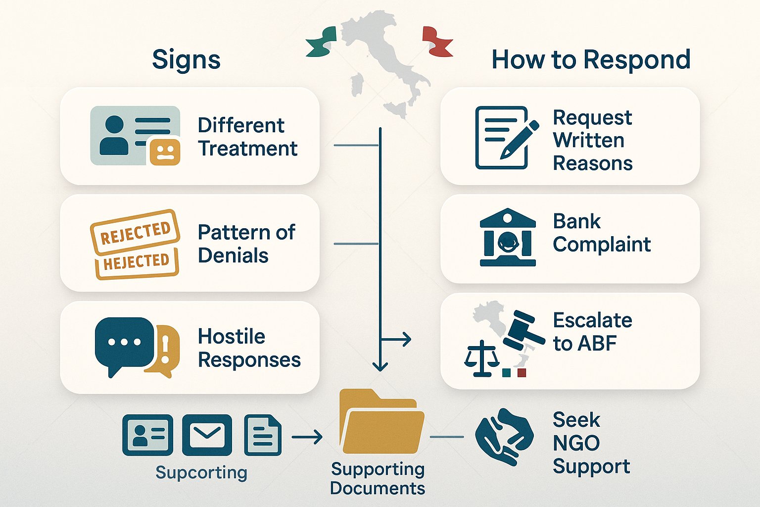 Infografica che mostra i segnali di discriminazione bancaria e i passi per cercare rimedi creditizi in Italia.