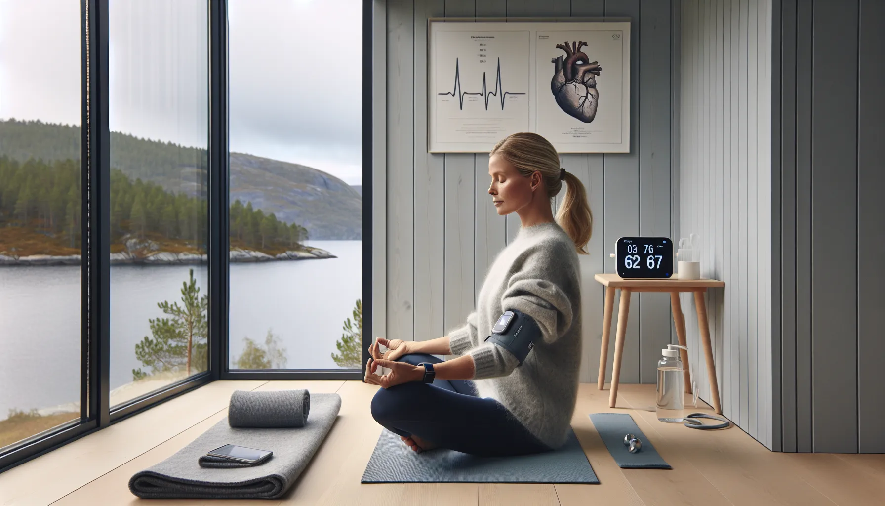Norwegian woman meditating in cardiac rehab, blood pressure monitor showing calm readings.