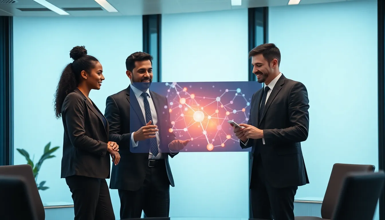 diverse team discussing blockchain technology in a modern office.