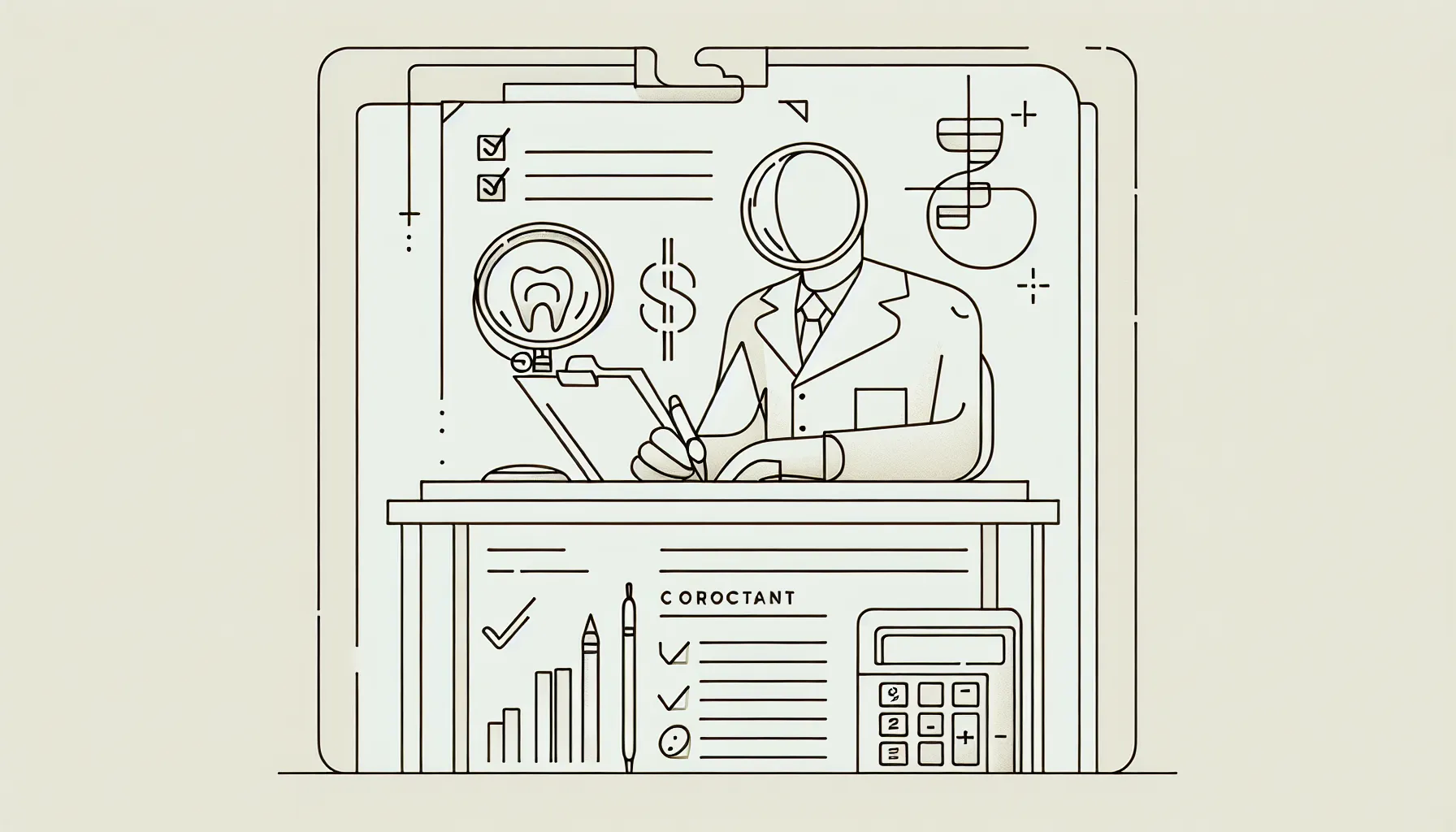 Dentist reviewing an associate agreement with magnifying glass and icons.