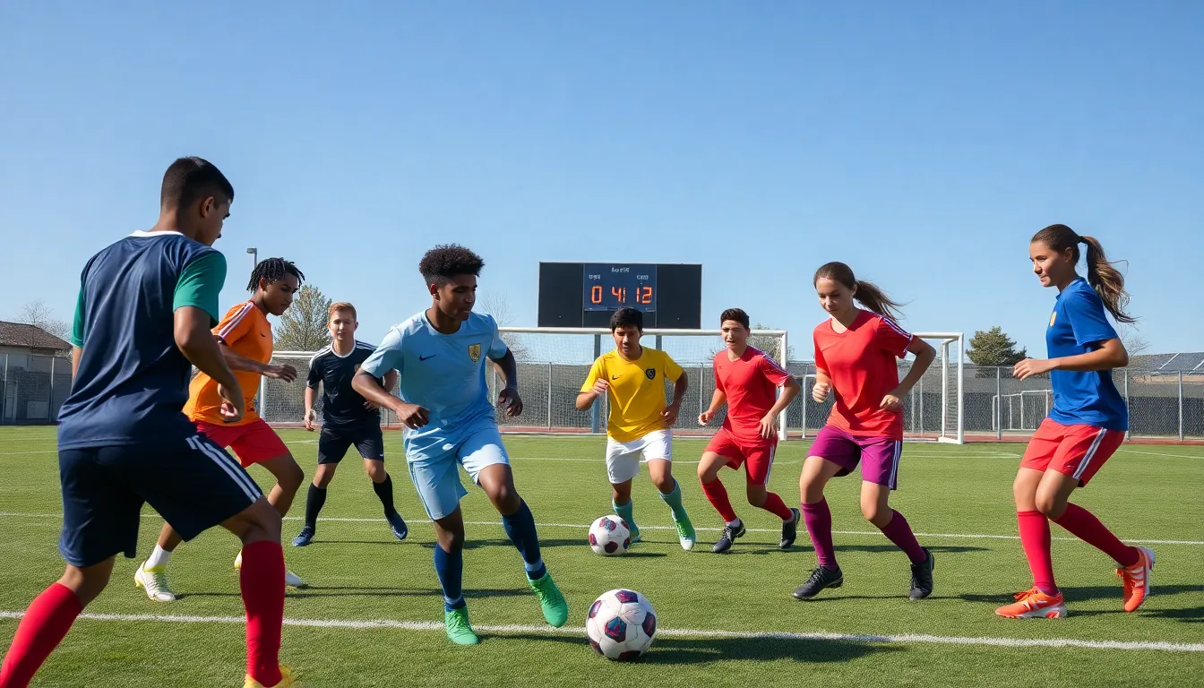 diverse athletes practicing football on a vibrant field.