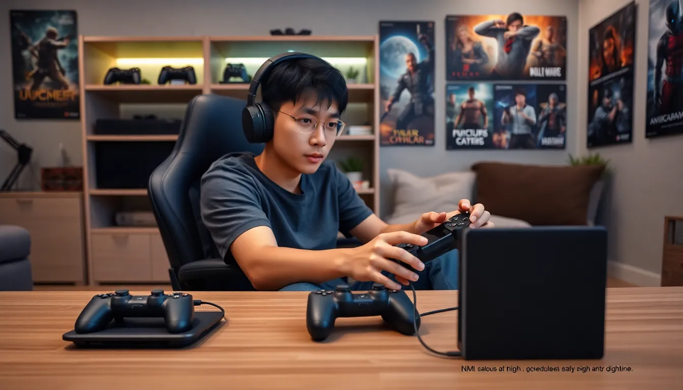 A gamer intensely focused on PlayStation gadgets in a cozy living room.